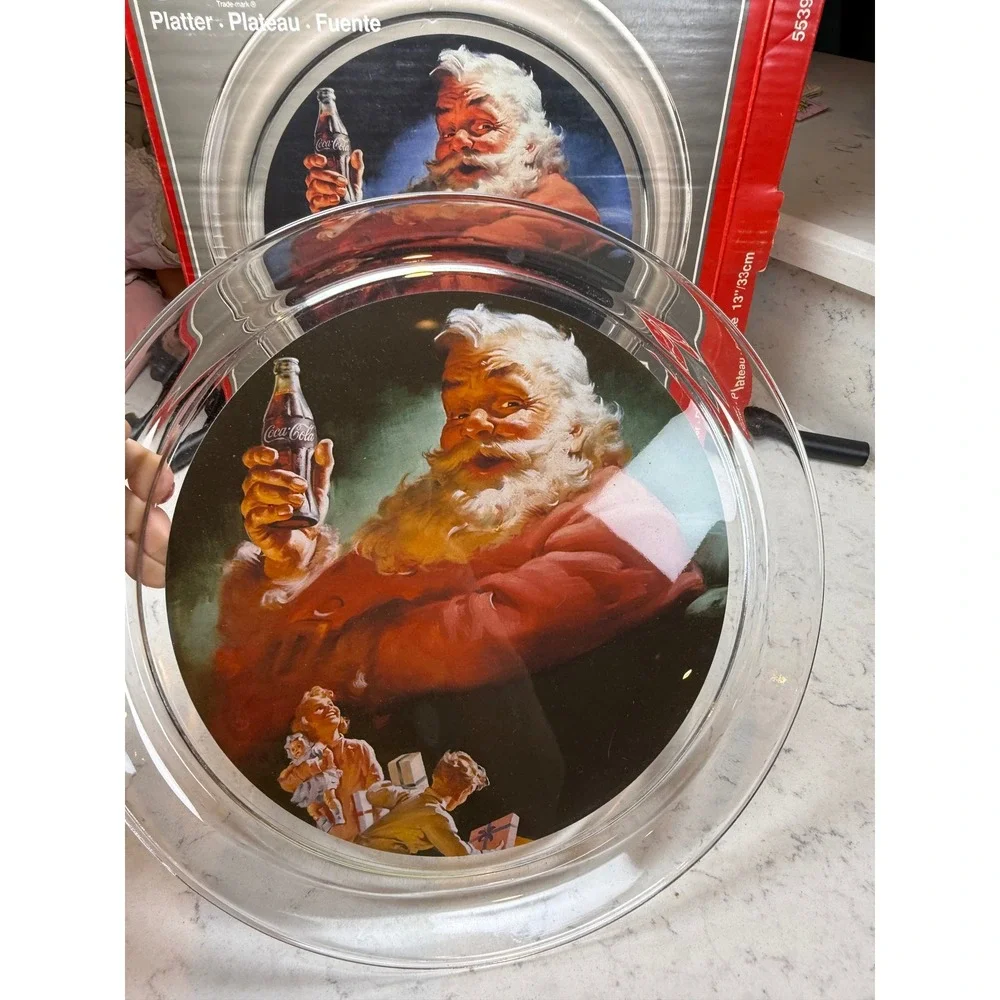 Coca-Cola Santa Claus Glass Serving Platter‎ 13 Inch Vintage Holiday 1954 Art